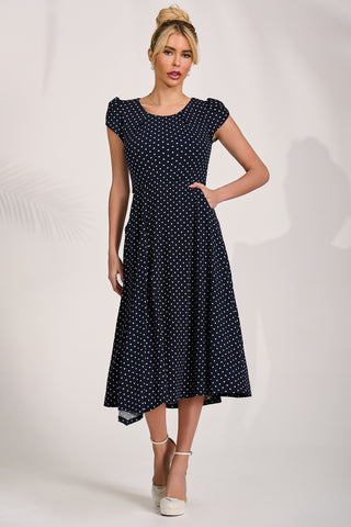 Lap Over Short Sleeve Jersey Dress, Navy Spot