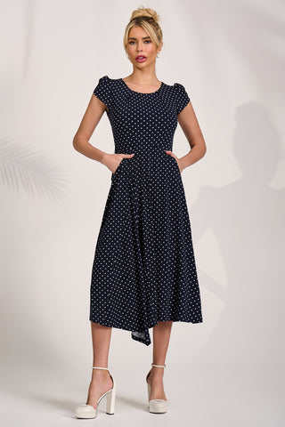 Lap Over Short Sleeve Jersey Dress, Navy Spot