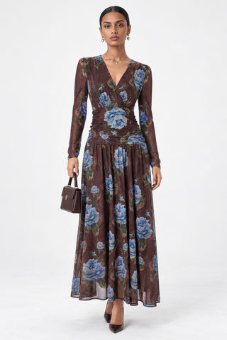 Long Sleeve Wrap Ruched Mesh Maxi Dress, Brown Floral
