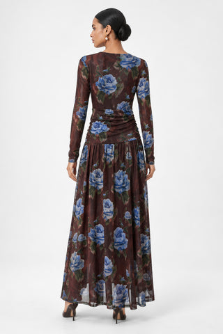 Long Sleeve Wrap Ruched Mesh Maxi Dress, Brown Floral