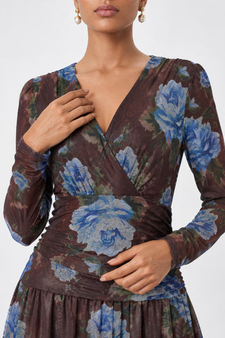 Long Sleeve Wrap Ruched Mesh Maxi Dress, Brown Floral