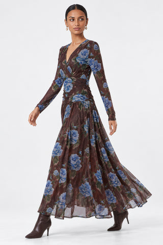 Long Sleeve Wrap Ruched Mesh Maxi Dress, Brown Floral