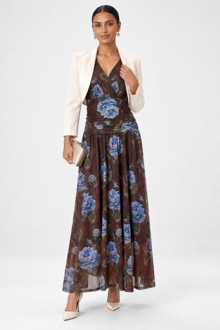 Long Sleeve Wrap Ruched Mesh Maxi Dress, Brown Floral