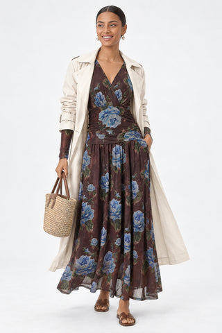 Long Sleeve Wrap Ruched Mesh Maxi Dress, Brown Floral