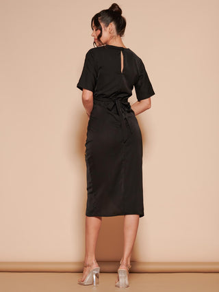 Plain Twist Front Tulip Midi Dress, Black