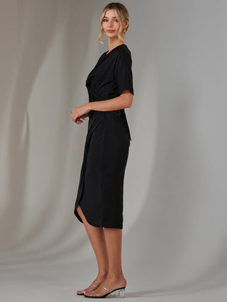 Plain Twist Front Tulip Midi Dress, Black