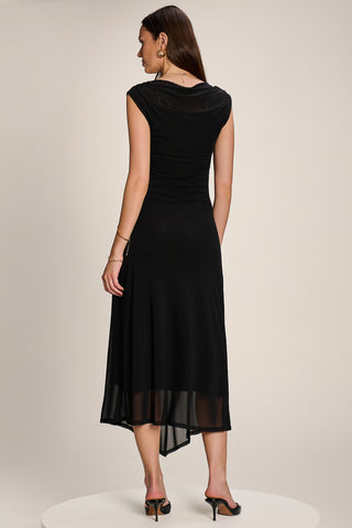 Asymmetric Draped Mesh Maxi Dress, Black