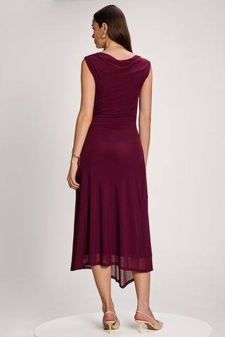 Asymmetric Draped Mesh Maxi Dress, Dark Purple
