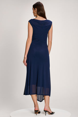 Asymmetric Draped Mesh Maxi Dress, Navy