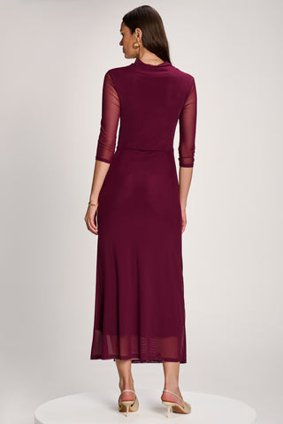 High Neck Long Sleeve Mesh Maxi Dress, Dark Purple