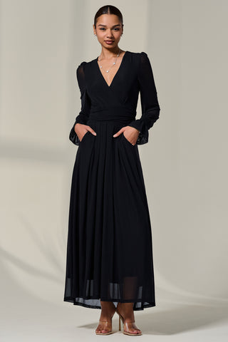 Long Sleeve Mesh Maxi Dress, Black