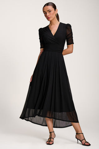 Mesh Ruched Sleeve Maxi Dress, Black
