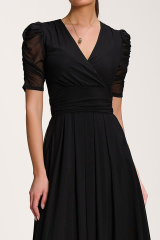 Mesh Ruched Sleeve Maxi Dress, Black