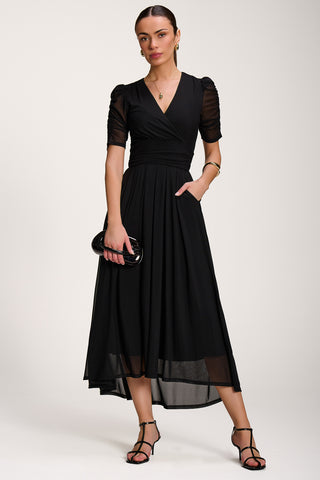 Mesh Ruched Sleeve Maxi Dress, Black