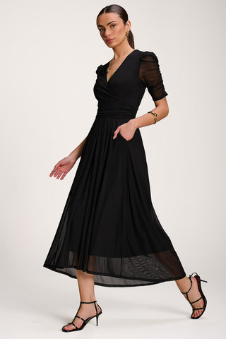 Mesh Ruched Sleeve Maxi Dress, Black