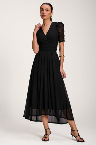 Mesh Ruched Sleeve Maxi Dress, Black