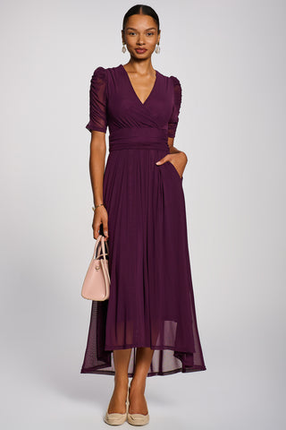 Mesh Ruched Sleeve Maxi Dress, Dark Purple