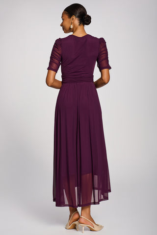 Mesh Ruched Sleeve Maxi Dress, Dark Purple
