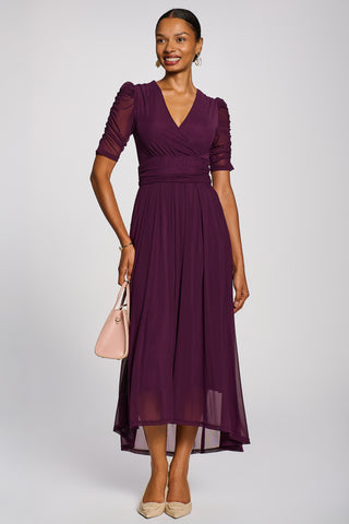 Mesh Ruched Sleeve Maxi Dress, Dark Purple