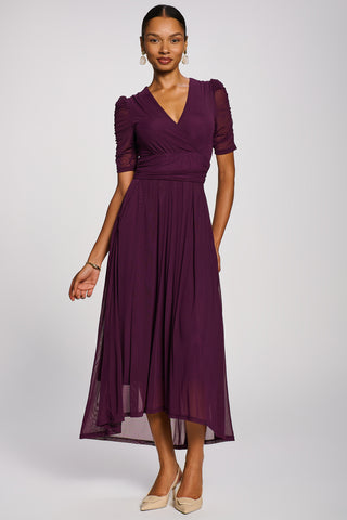 Mesh Ruched Sleeve Maxi Dress, Dark Purple