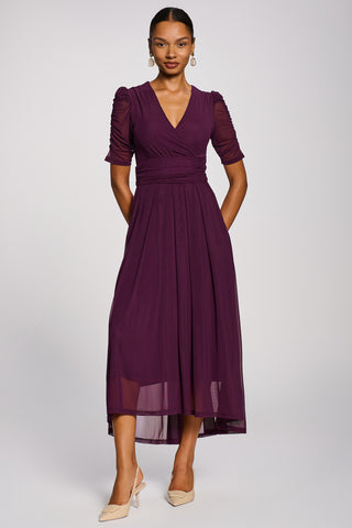 Mesh Ruched Sleeve Maxi Dress, Dark Purple