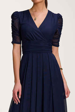 Mesh Ruched Sleeve Maxi Dress, Navy