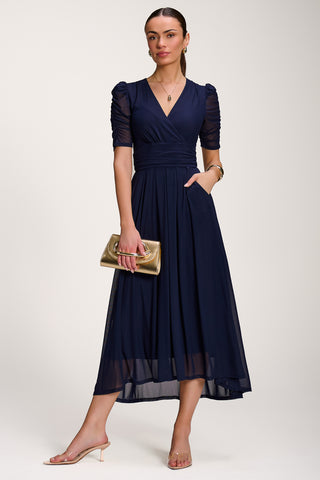 Mesh Ruched Sleeve Maxi Dress, Navy