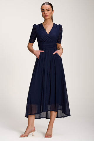 Mesh Ruched Sleeve Maxi Dress, Navy