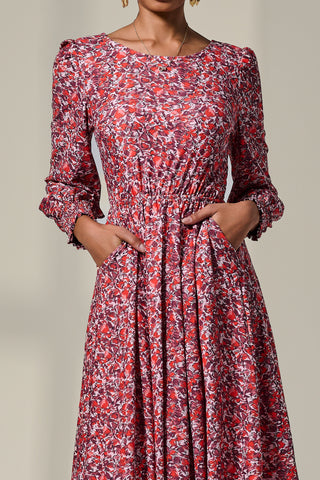 Long Sleeve Jersey Midi Dress, Orange Abstract