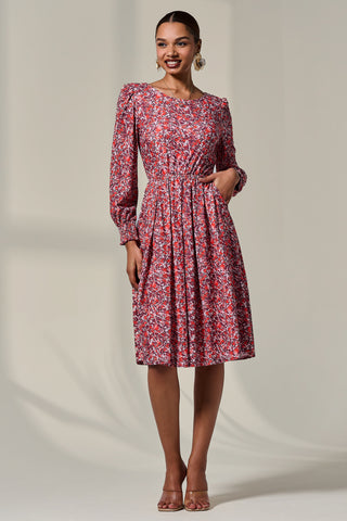 Long Sleeve Jersey Midi Dress, Orange Abstract