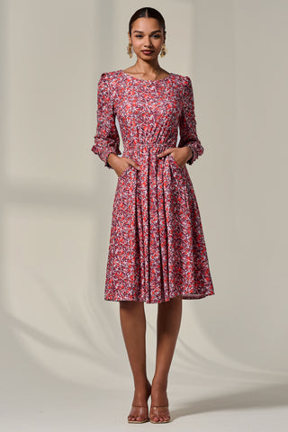 Long Sleeve Jersey Midi Dress, Orange Abstract