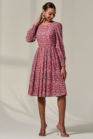 Long Sleeve Jersey Midi Dress, Orange Abstract