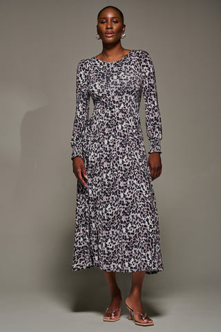 Jersey Belted Long Sleeve Maxi Dress, Leopard