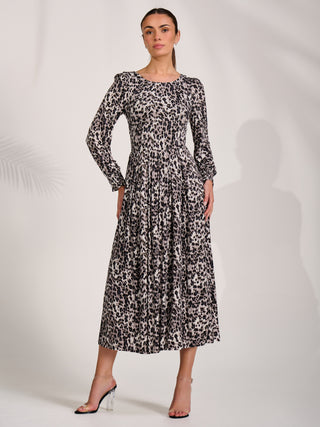 Jersey Belted Long Sleeve Maxi Dress, Leopard