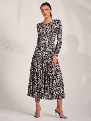 Jersey Belted Long Sleeve Maxi Dress, Leopard