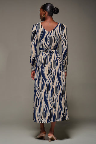 Jersey Belted Long Sleeve Maxi Dress, Navy Abstract