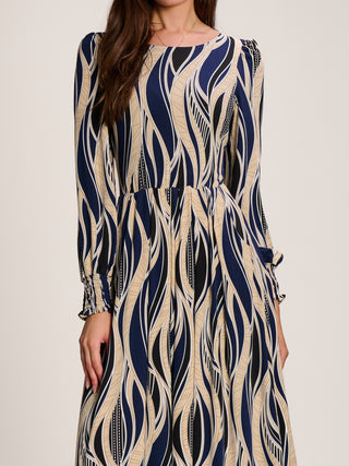 Jersey Belted Long Sleeve Maxi Dress, Navy Abstract