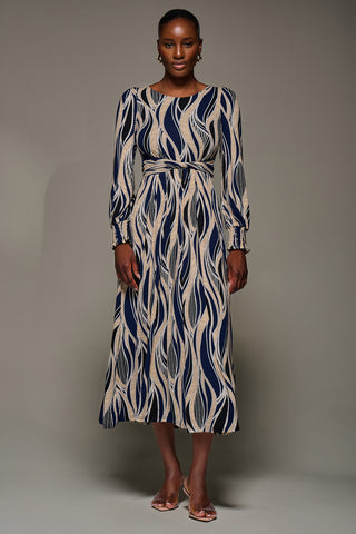 Jersey Belted Long Sleeve Maxi Dress, Navy Abstract