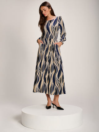 Jersey Belted Long Sleeve Maxi Dress, Navy Abstract