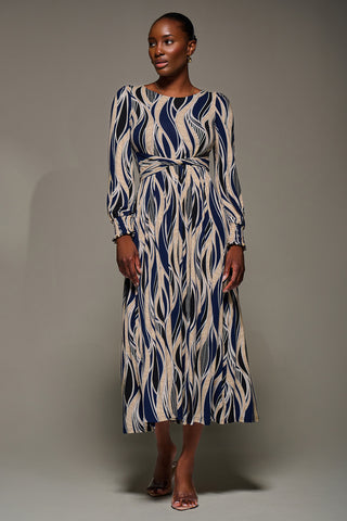 Jersey Belted Long Sleeve Maxi Dress, Navy Abstract