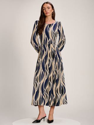 Jersey Belted Long Sleeve Maxi Dress, Navy Abstract