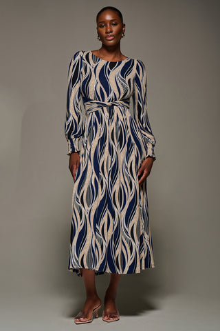 Jersey Belted Long Sleeve Maxi Dress, Navy Abstract