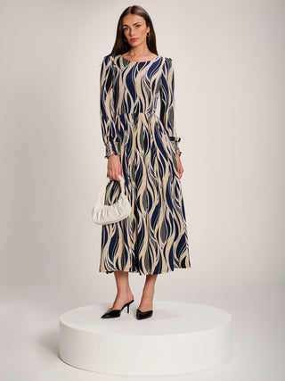 Jersey Belted Long Sleeve Maxi Dress, Navy Abstract