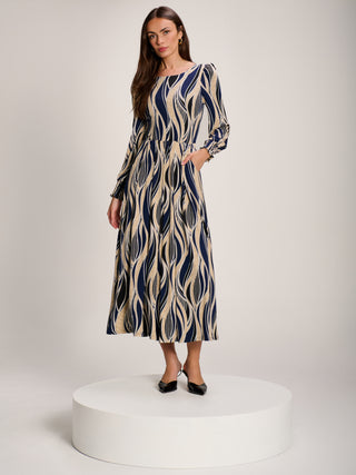 Jersey Belted Long Sleeve Maxi Dress, Navy Abstract