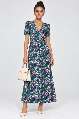 Wrap-Bodice Soft Jersey Maxi Dress, Purple Floral