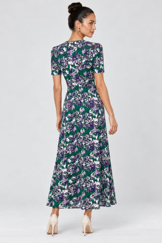 Wrap-Bodice Soft Jersey Maxi Dress, Purple Floral