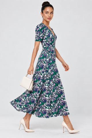 Wrap-Bodice Soft Jersey Maxi Dress, Purple Floral