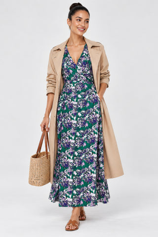 Wrap-Bodice Soft Jersey Maxi Dress, Purple Floral