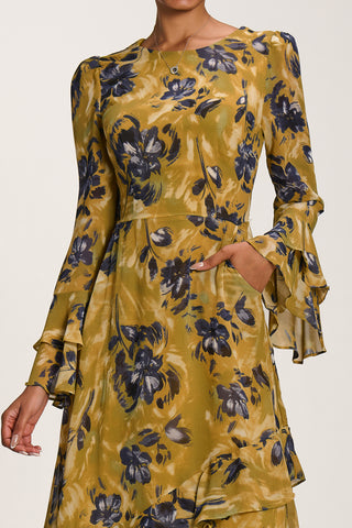 Long Sleeve Frill Chiffon Midaxi Dress Yellow Floral