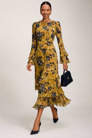 Long Sleeve Frill Chiffon Midaxi Dress Yellow Floral